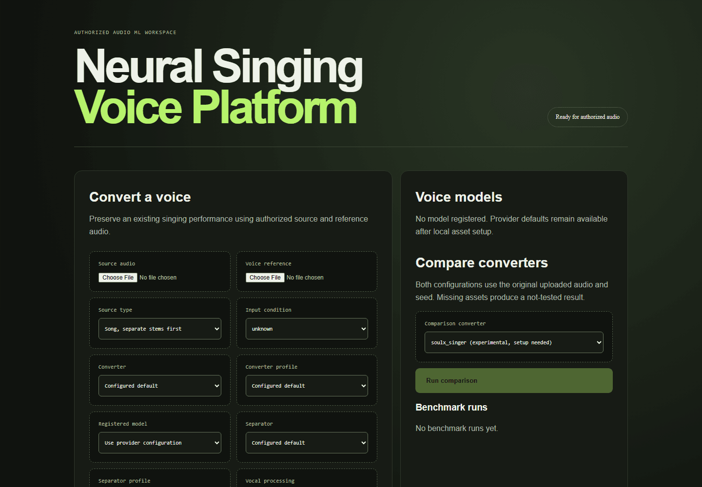 Neural Singing Voice Platform workspace showing the singing voice conversion workflow.